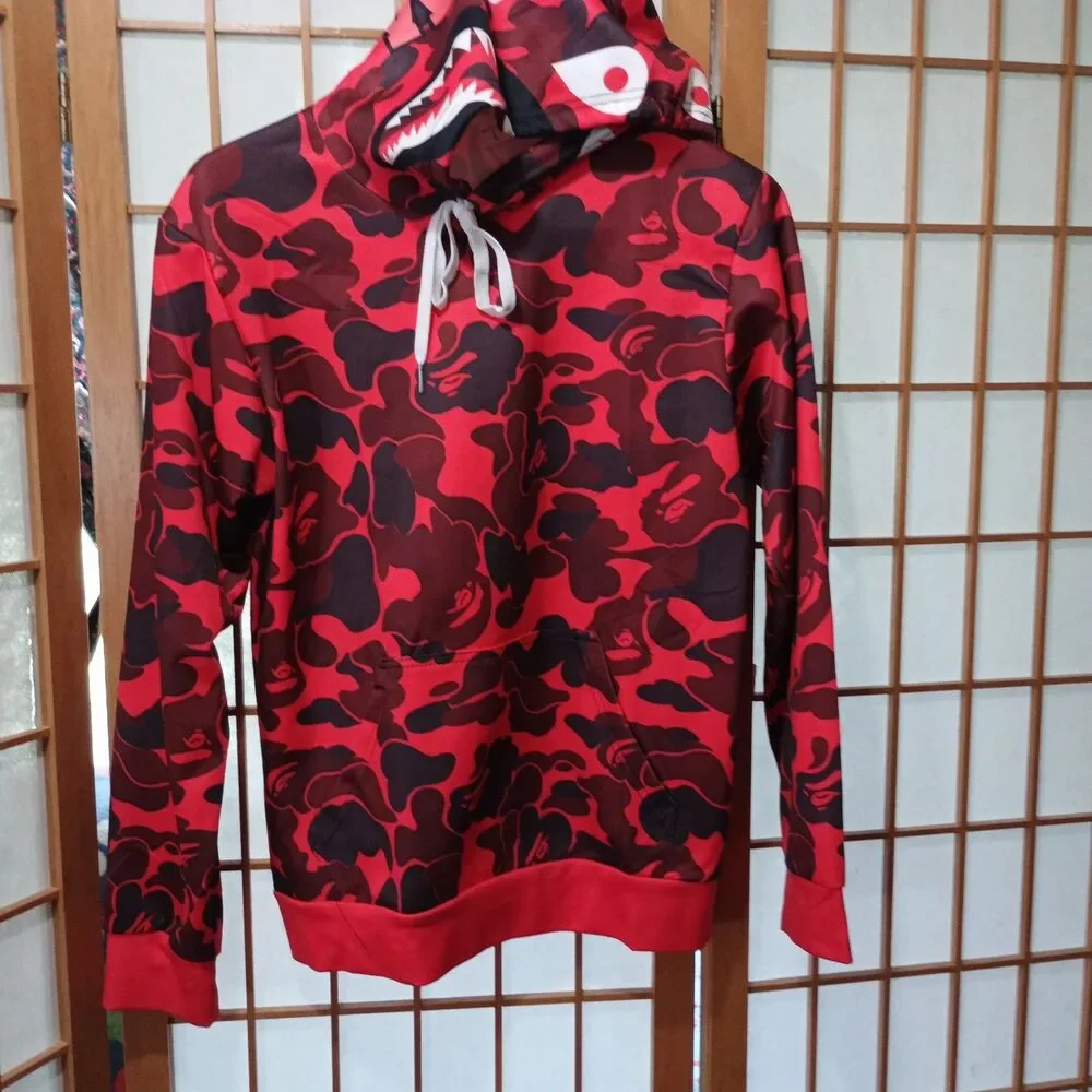 Red Camo Shark WGM Tiger Face Pullover Hoodie Boys Large Streetwear